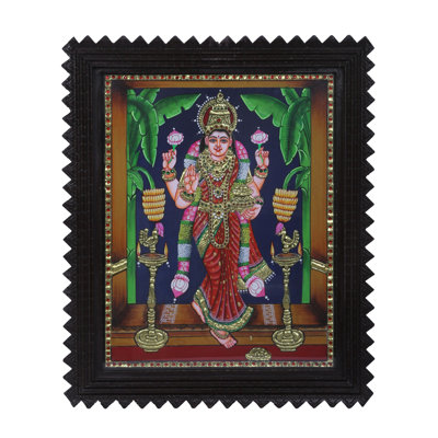 Peinture de la déesse debout Lakshmi Tanjore avec cadre en bois de teck | Couleurs traditionnelles avec or 24 carats