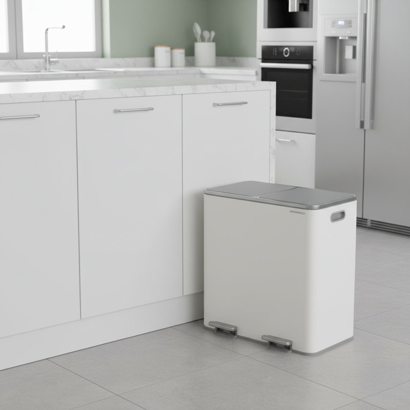 2 poubelles à compartiments 10,6 gallons avec 15 sacs poubelles, Blanc / Gris