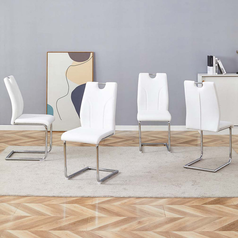 Ensemble de chaises de salle à manger rembourrées en similicuir avec dossier, pieds en métal, Blanc, Argent argent