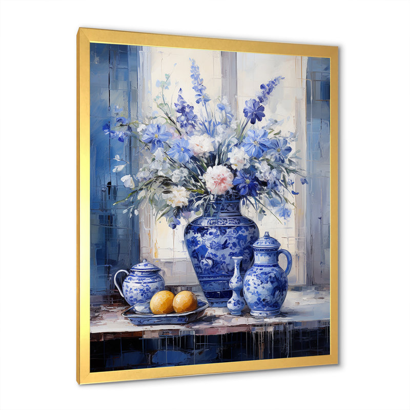Boho bleu et blanc plante poterie IV - Boho, Cadre doré simple, H 20 po x l 12 po x P 1 po