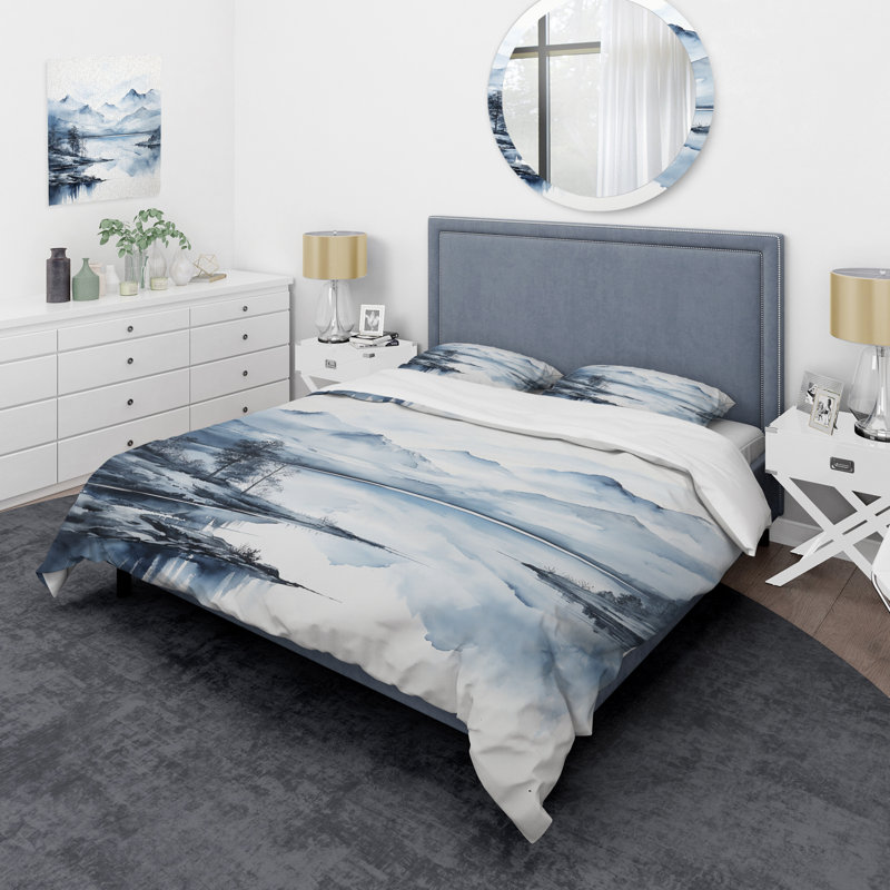 Ensemble de housse de couette Abstract Grey Blue Minimalisme Forest Reflections I - Microfibre de polyester