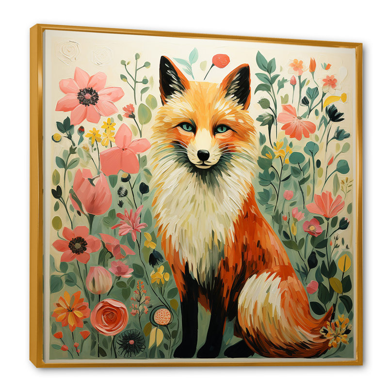 Minimalisme, renard, portrait, fleurs III - Renard, art mural, Cadre flottant doré, H 30 po x l 30 po x P 1,5 po