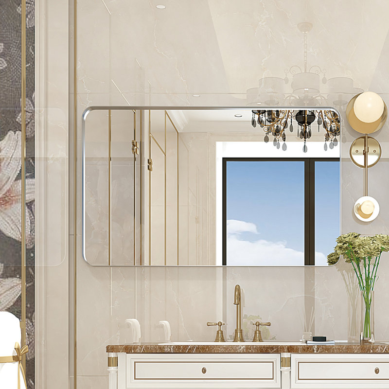 Miroir de salle de bain 40 po x 30 po de couleur argentée - conception imperméable, reflet HD, cadre, combinaison de look classique et moderne avec bordure biseautée, montage pratique transparent