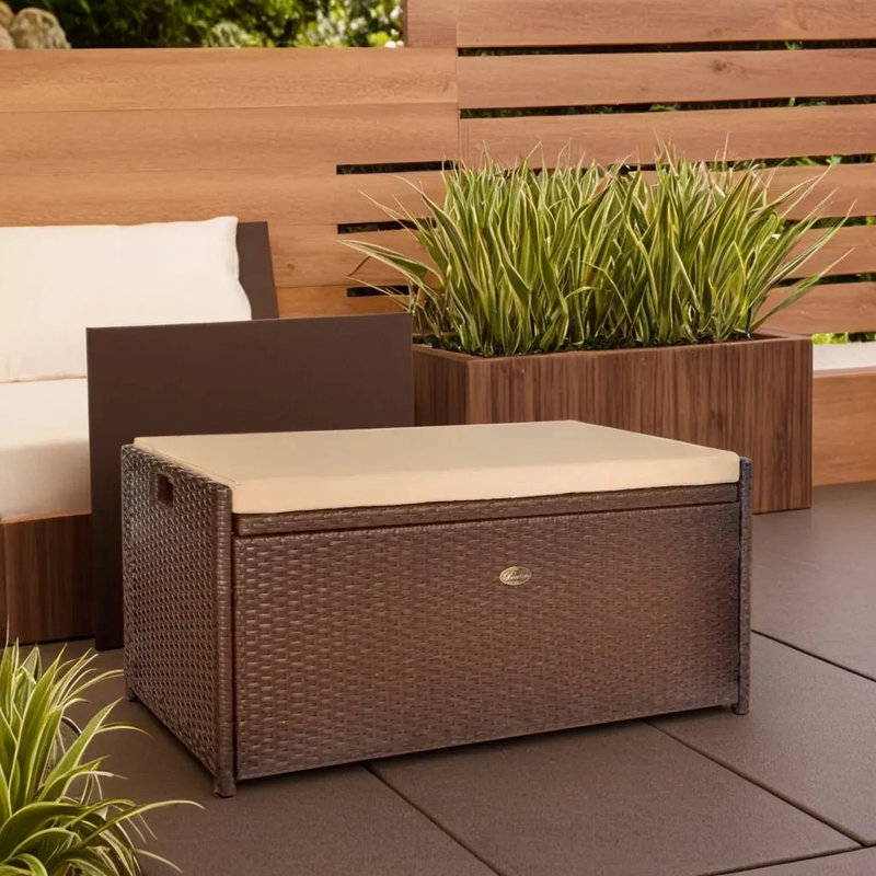 Brown Wicker and Steel Outdoor Storage Bench with Cushion