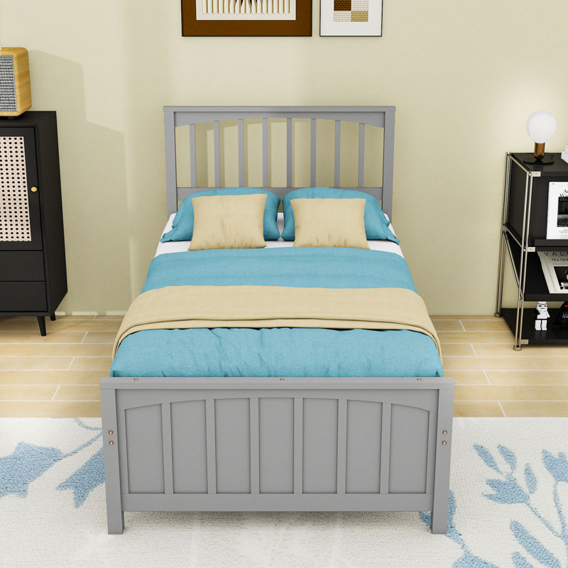Twin Wood Platform Bed with Headboard, Gray
