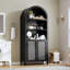 Bibliothèque arquée de 63 po de hauteur avec portes - étagère ouverte à 5 niveaux avec décor en rotin, armoire de rangement moderne pour bibliothèque de bureau à domicile, noir-545863414
