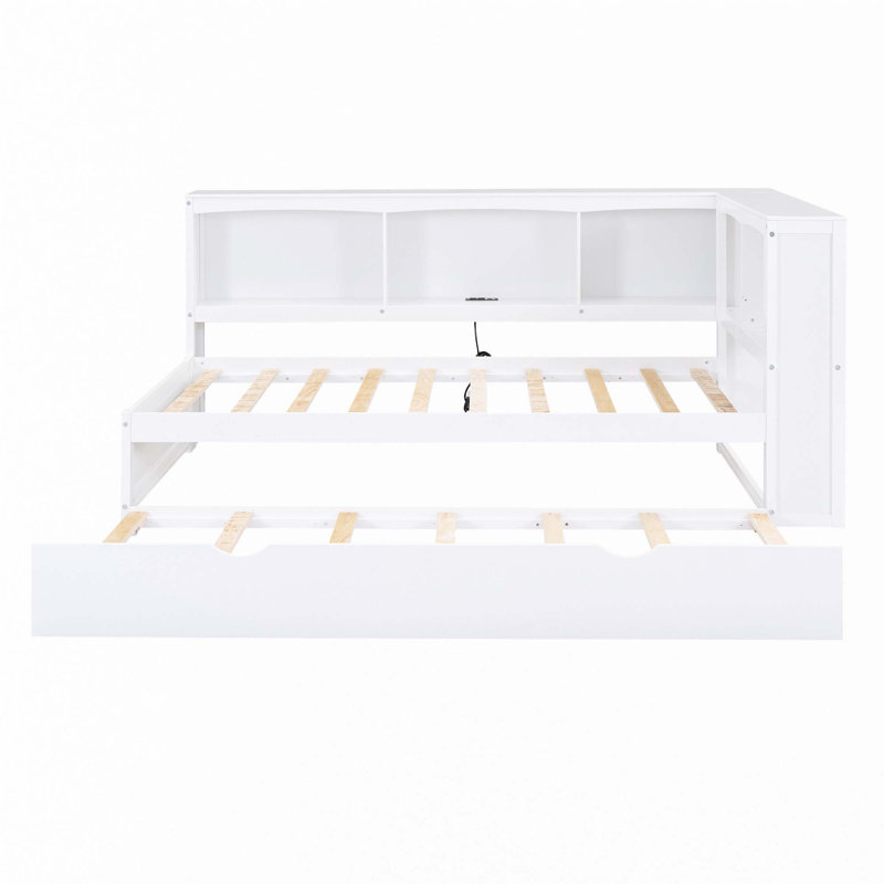 Lit de jour avec lit gigogne, armoires de rangement et ports USB, White