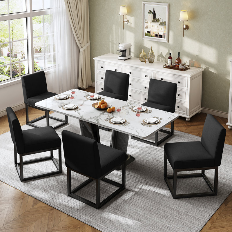 19" H Modern Linen Upholstered Dining Chairs With Metal Frame, Black, Black