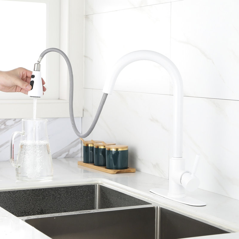 Modern White Kitchen Faucet With Stainless Steel, Pull Out Spray Functionality, 360 Rotating Nozzle, Two Water Output Settings, Simple And Convenient Single Control Steel In White, For Workflow,