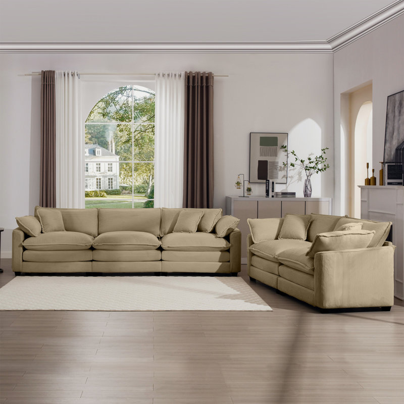Modern Fabric Living Room Sofa Two Piece Set, Two 2-Seater Sofas With 8 Cushion Upholstery Large Deep Seat Recliner, Tan Corduroy Fabric