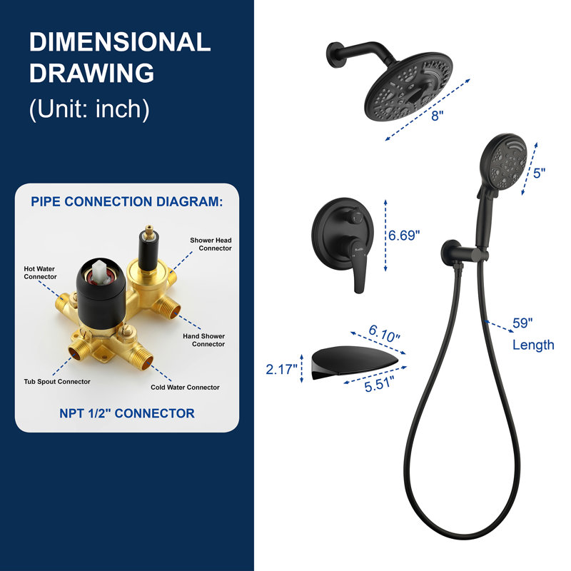 Complete Shower System with Rough in-Valve, Black