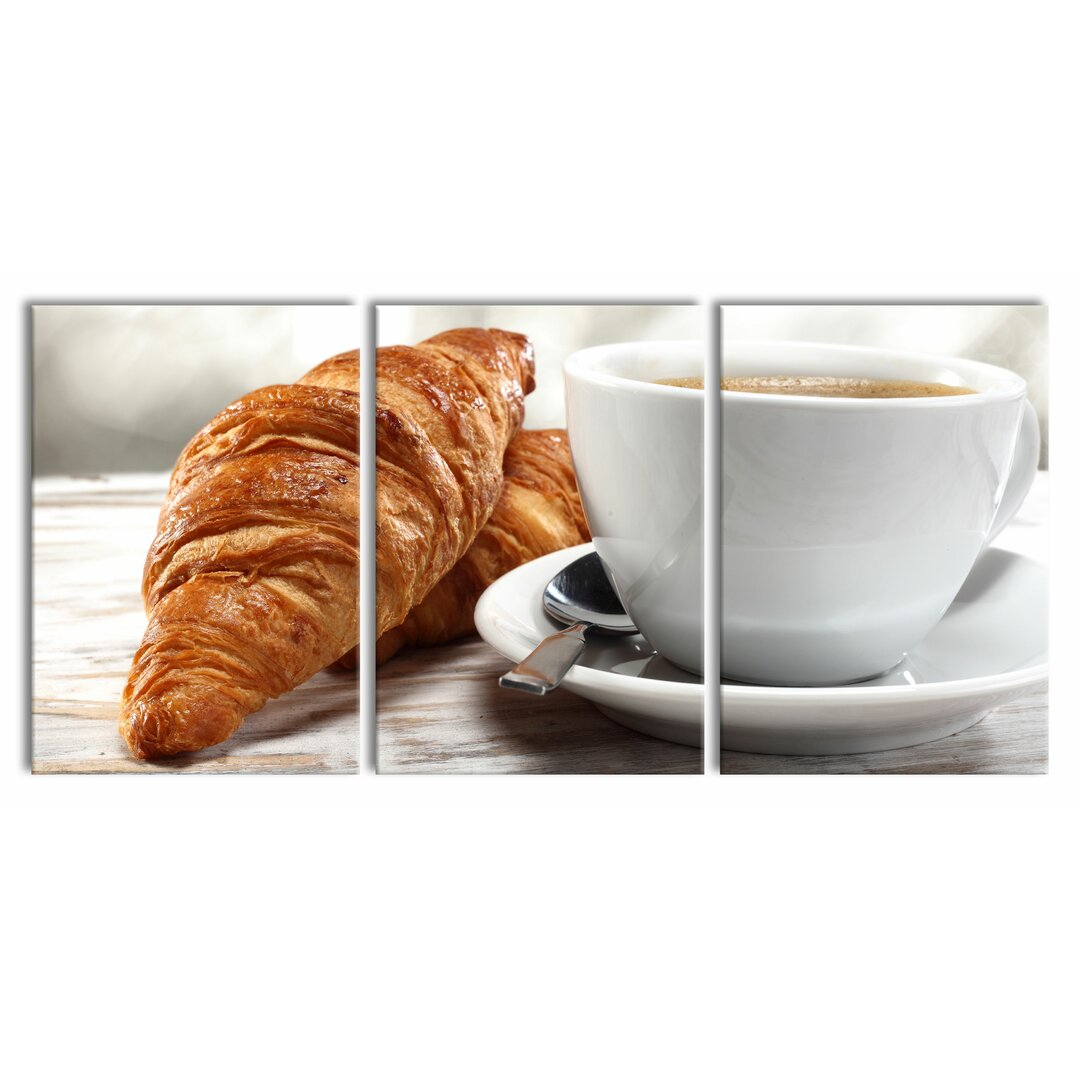 3-tlg. Leinwandbilder-Set Frisches Croissant und Kaffee