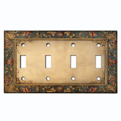 Metal Light Switch Plate Cover; US Standard Size 4 Gang Toggle - Printed Image of Intricate Floral Frame