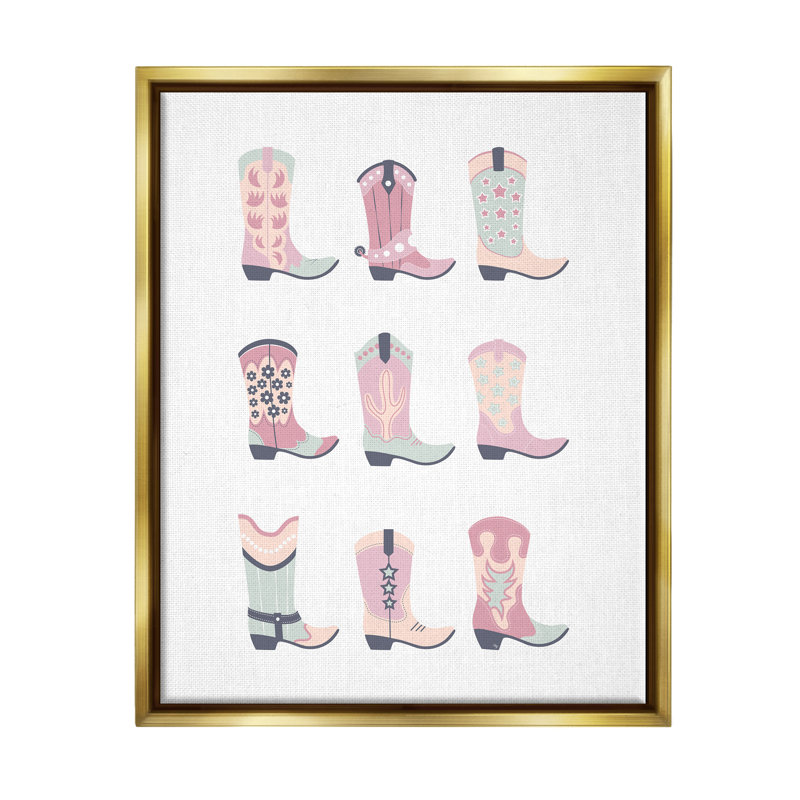 Reproduction de plusieurs bottes de cow-boy pastel encadrées sur toile par Martina Pavlova, Cadre flottant métallique doré