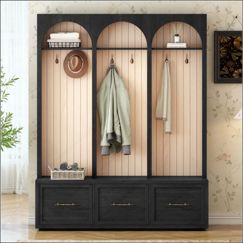 Farmhouse Wooden Style Hall Tree With Arched Design, Elegant Entryway Bench With Retro Hooks, Rustic Coat Rack & Shoe Organizer With Drawers For Mudroom, Living Room