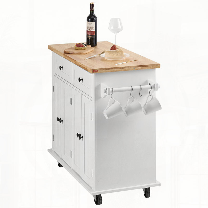 Chariot pour îlot de cuisine avec plateau en bois massif et plusieurs supports de rangement