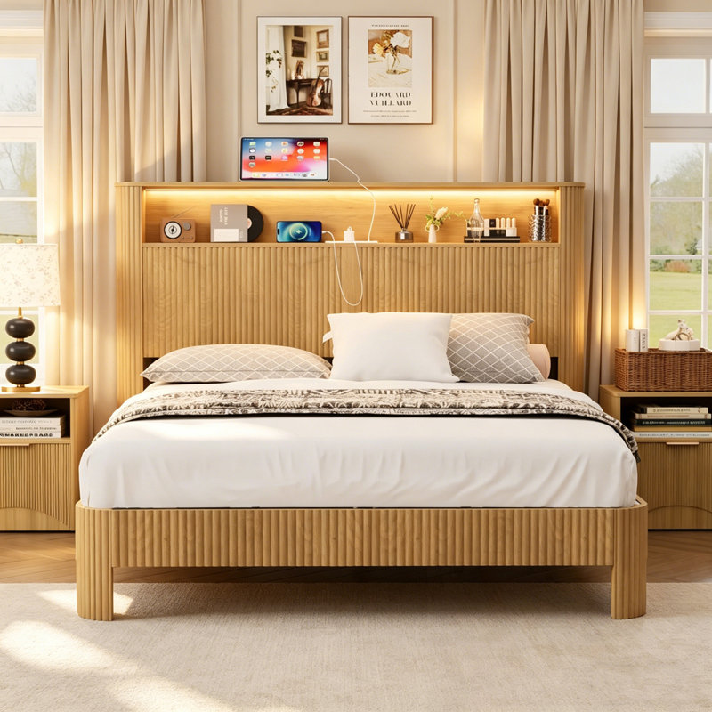 Base de lit grand avec tête de lit, Naturel