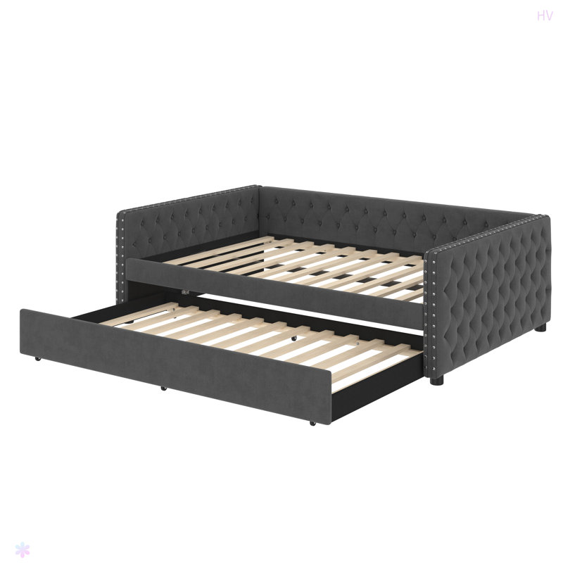Lit de jour, canapé-lit capitonné rembourré avec couchette, lit de jour avec bouton et clou en cuivre sur accoudoirs carrés