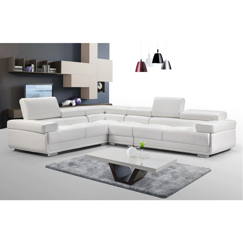 Upholstered L-Shaped Sectional Symmetrical, White Leather