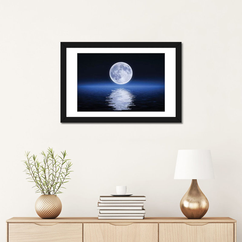 « moon reflection », impression sur toile, H 16 po x l 24 po x P 1 po, Papier beaux-arts encadré noir, Blanc