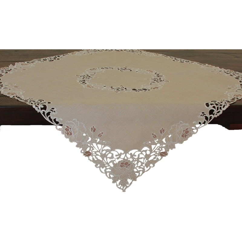 Scrolling Rose Embroidered Cutwork Table Topper