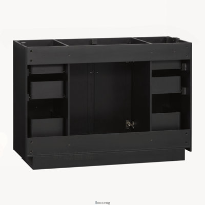 Base de meuble-lavabo autoportant 48 po seulement, base en bois aggloméré avec 6 tiroirs et 2 portes à fermeture en douceur, poignées en métal doré, noir