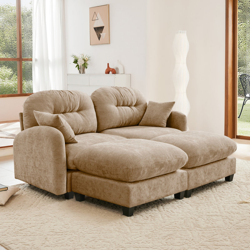 Braegger Modular Sectional Sofa with Chenille Fabric and Tufted Backrest Design, Camel,  36.6" H x 74" W x 59.5" D