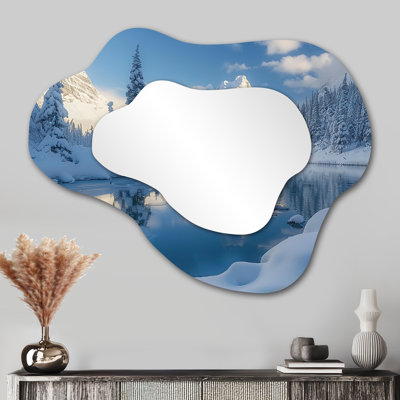 Snow Serenity At The Winter Forest Mountain Lake - Winter Landscape Asymmetrical Mirror, Blue Cloud Decorative Wall Mirror, Printed Metal Art