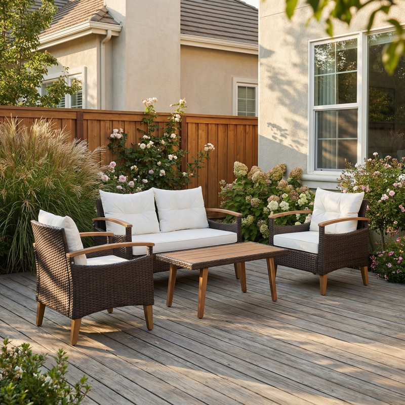 Ensemble de patio extérieur en rotin 4 pièces avec table et housse en bois PE