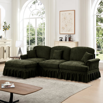 Mid Century 3 Comfy With Chenille, Flared Arms, Ruffles Pleats Skirts, Spindle Legs And Movable For Multiple Uses 3 Chenille Modular Sectional Couch Removable , Soft Support Elegant Appearance