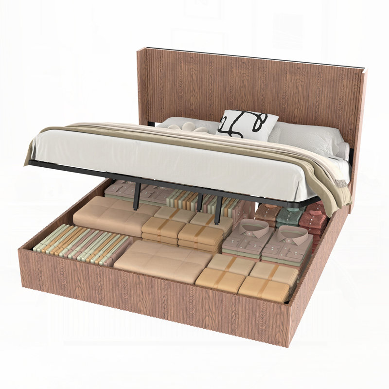 Base de lit plateforme en bois avec rangement relevable, Très grand lit, Bois naturel