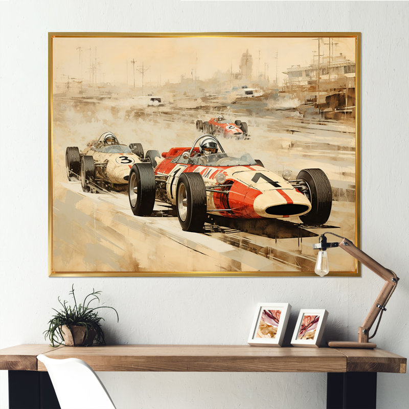 «Vintage Rally Speed Car Melody 1 - Race Tracks», art mural, Cadre flottant doré, H 24 po x l 32 po x P 1 po