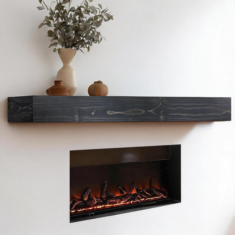 Manteau de foyer en bois massif de 60 po, tablette flottante en pin fabriquée à la main, fini brun rustique, profondeur de 8 po avec supports cachés