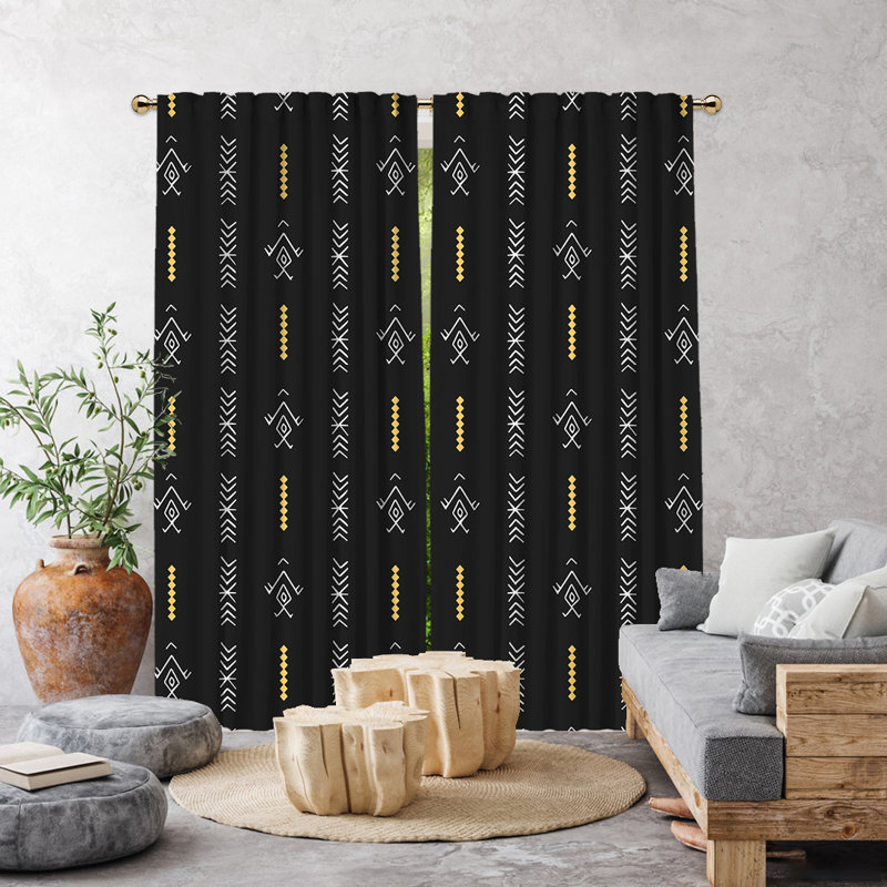 Ethnic Decor Pattern Lined Single Panel Curtain, 52" W x 72" L, Black