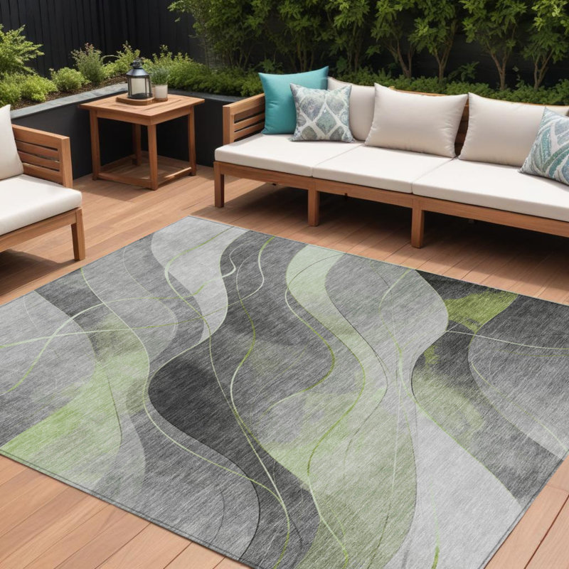 Tapis extérieur lavable abstrait 8 pi x 10 pi vert et gris artichaut