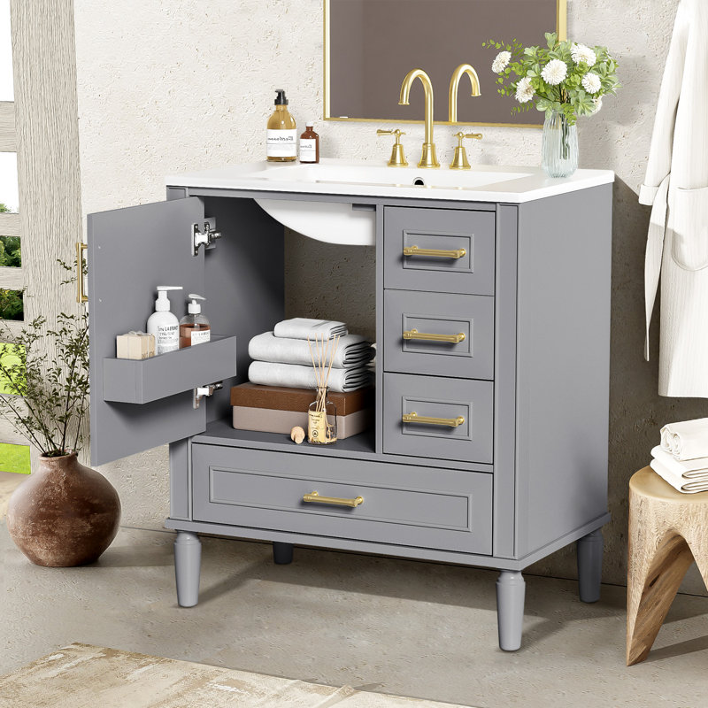 Ensemble de meuble-lavabo traditionnel, sur pied, longues poignées en métal doré, Gris