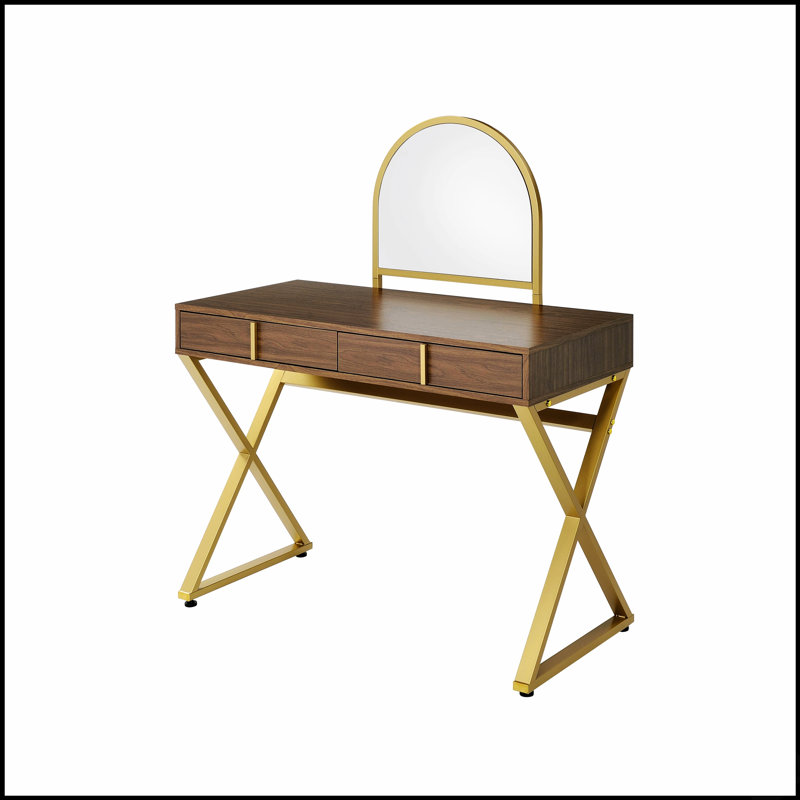 Bureau de coiffeuse Coleen avec miroir et plateau à bijoux, finition noire et dorée pour des routines de beauté élégantes