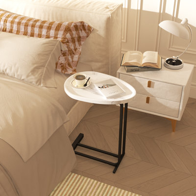 C-shaped side table in white, modern wood top with metal frame design for sofa and bedside placement