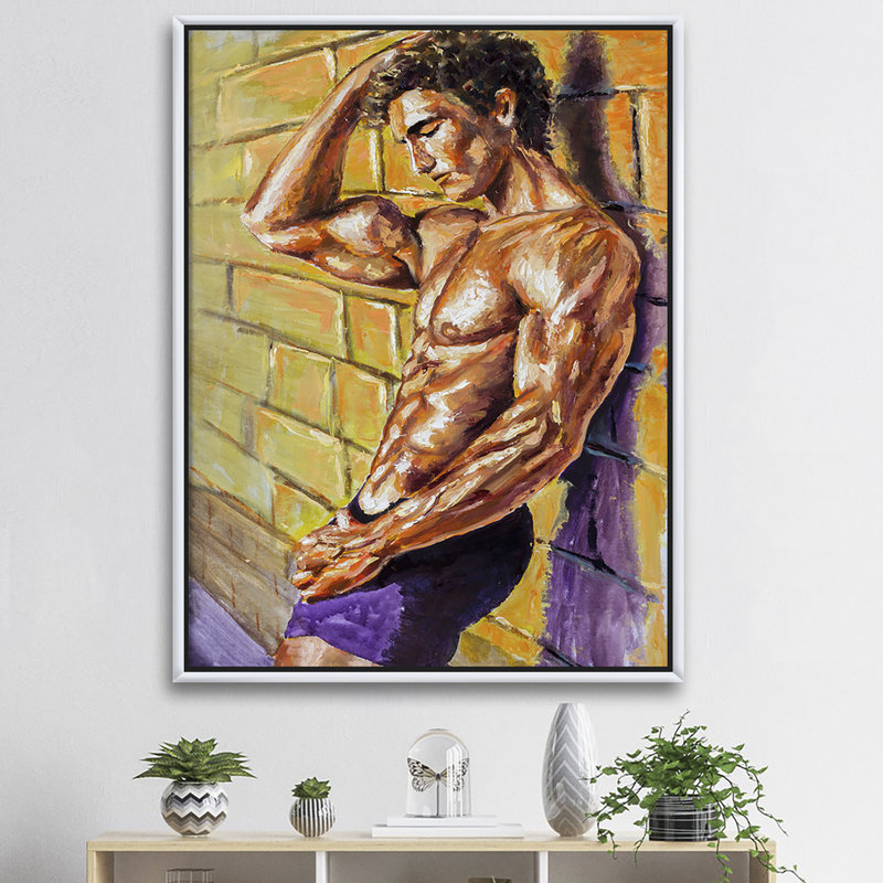 " Triceps Handsome Man Painting Six Pack " Painting Print, White Framed Canvas, 40" H x 30" W x 1.5" D