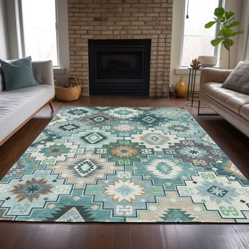 Machine Washable Indoor/Outdoor Xhevrie Teal Rug, Rectangle 2'6" x 3'10"