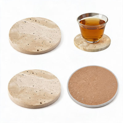 4 Pack 4 Inch Round Natural Travertine Marble Coasters, Non-Slip Cork Backing Stone Drink Coasters, Stain & Scratch Resistant