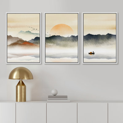 «Abstract Landscape Rising Sun Misty Ocean Mountain», peinture sur toile 3 pièces
