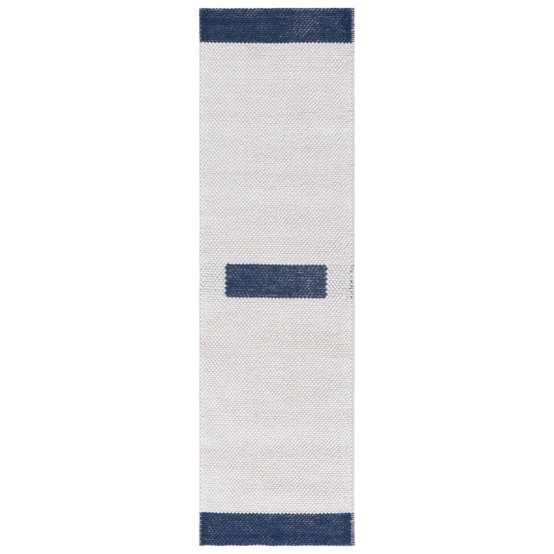 Tapis ivoire / bleu marine en laine tissé à la machine, Tapis de couloir 2 pi 3 po x 8 pi