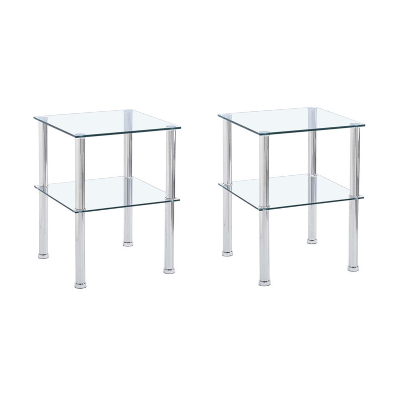 Ensemble de 2 tables d'appoint transparentes à 2 niveaux, table de chevet moderne et canapé avec tablette de rangement pour divers espaces de vie