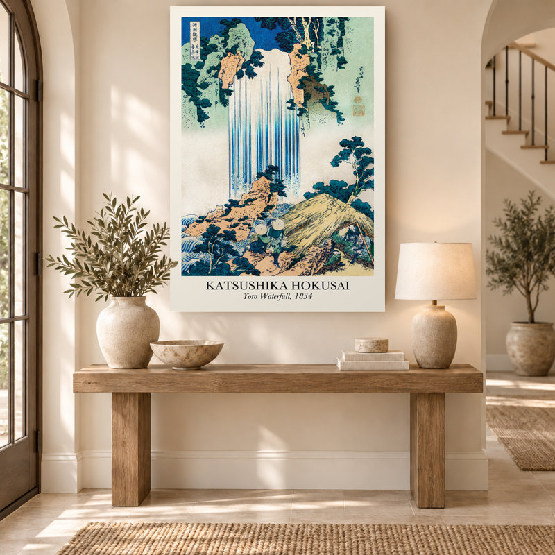Affiche vintage sur toile imprimée sur bois représentant une cascade japonaise bleue, 30" H x 20" W