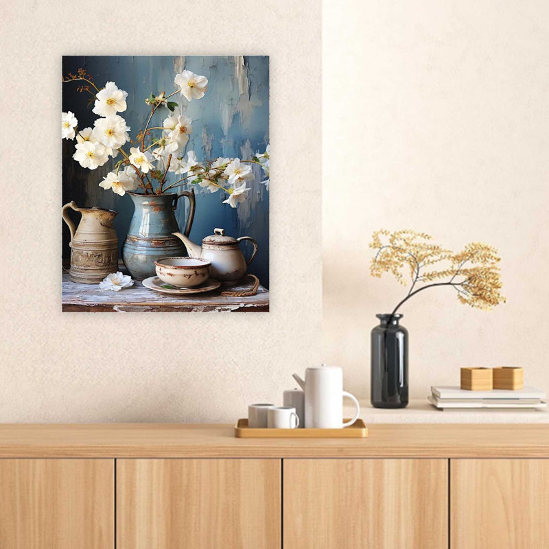 «White Blossoms», reproduction d'art sur toile bleu antique, art mural de qualité supérieure pour le salon, 32 x 24 po