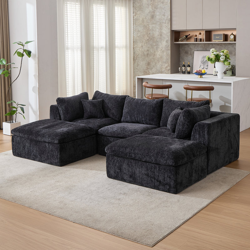 6-Piece Modular Compression Upholstered Boneless Sectional Sofa, Black Chenille, 25.6" H x 113" W x 70.9" D