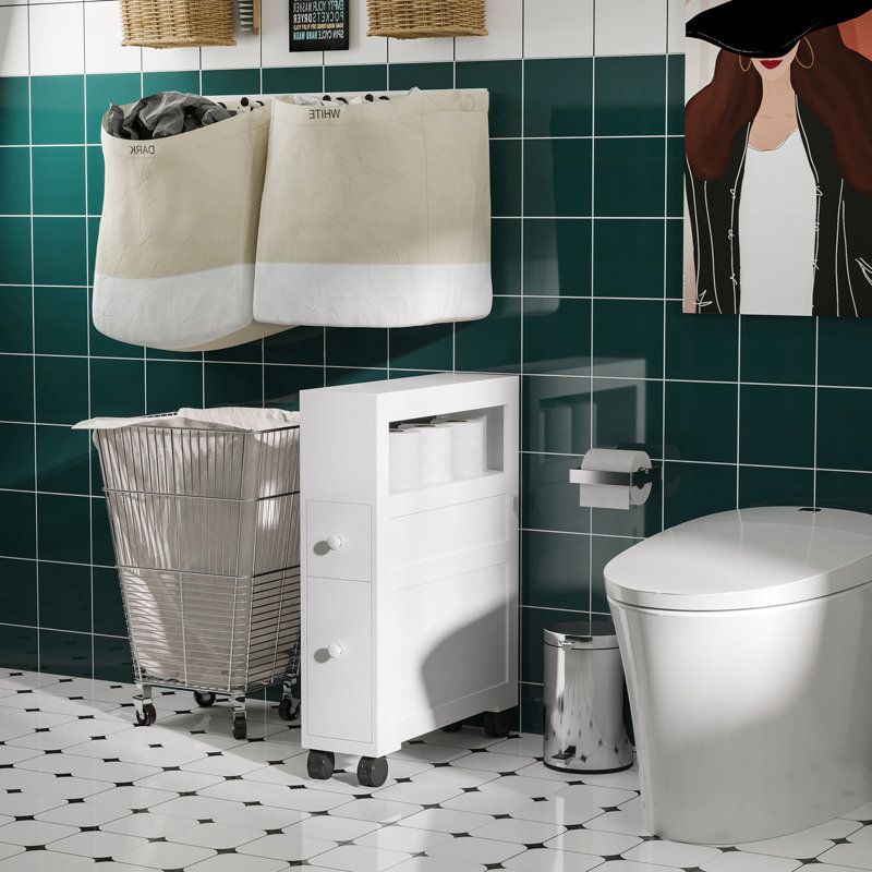 6.25" X 20.5" X 28.25" Wood Rolling Narrow Bathroom Side Storage Cabinet, White