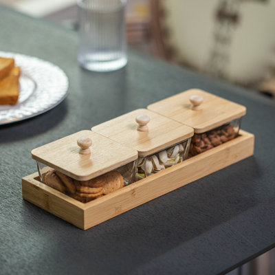 Set Of 3 Square Glass Jars With Bamboo Lids And Wooden Tray - Rectangular Charcuterie, Snack Organizer And Fruit Platter For Party, Candy Jars, Cookies, Nuts, Fruits And Snack Box