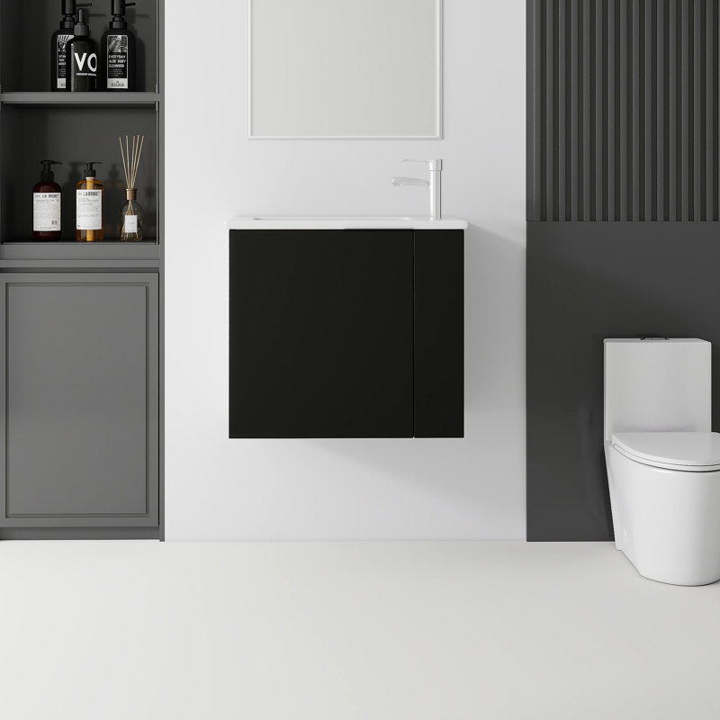 Meuble-lavabo flottant avec lavabo, porte à fermeture en douceur, lavabo en céramique, contreplaqué, Black